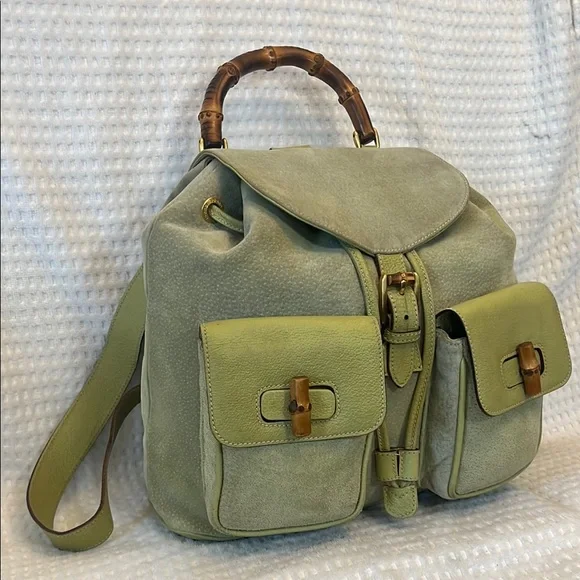 Gucci Bamboo Green Leather/Suede Backpack - Picture 3 of 16